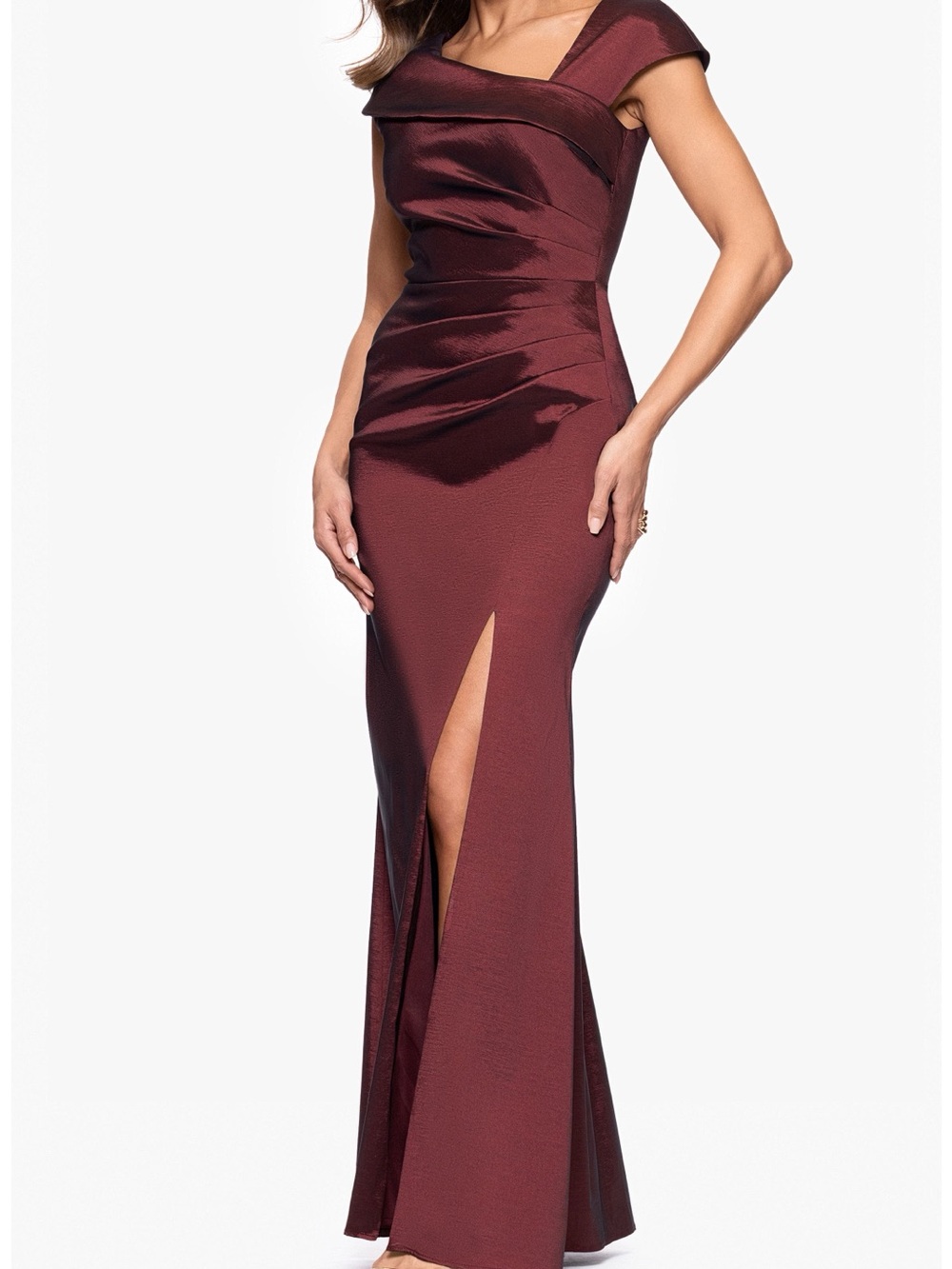 Xscape Burgundy Off-Shoulder Satin Evening Gown
